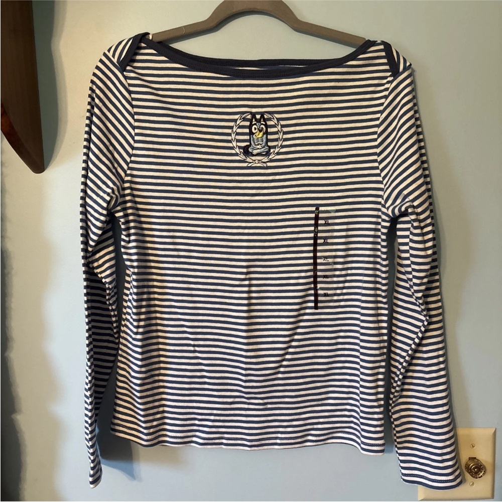 Navy and White Striped Long Sleeve Top with Embroidered Bluey Sz XL jrs